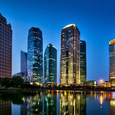 Night, China, light, Town, Szanghaj, River, skyscraper