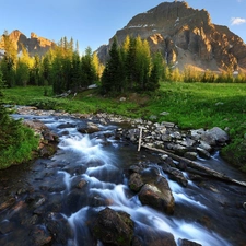 viewes, Mountains, River, Stones, tear, trees