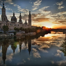 River, Great Sunsets, Saragossa, Church, Spain
