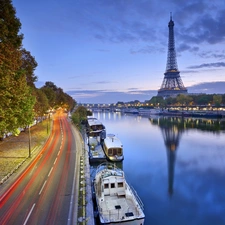 Paris, France, River, vessels, tower, Eiffla, trees, viewes, Way