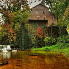 River, Old car, trees, viewes, cascade, Windmill