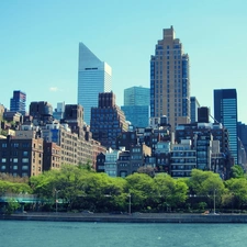 View, skyscrapers, River, town