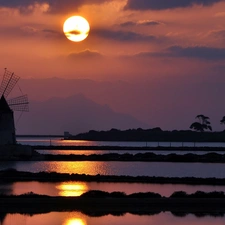 west, Windmill, River, sun