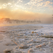 Sunrise, sailing vessel, River, snow, winter