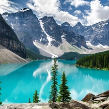 Mountains, Canada, forest, rocks, Lake Moraine, Banff National Park