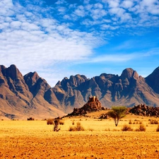 Rocks. Desert, clouds