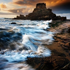 rocks, Waves, clouds