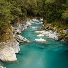 rocks, River, forest