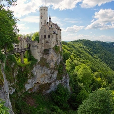 rocks, Lichtenstein Castle, viewes, The Hills, Germany, trees, VEGETATION