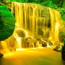 Golden, green ones, rocks, waterfall
