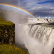 waterfall, Sky, rocks, Great Rainbows