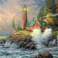 maritime, sea, Home, Thomas Kinkade, rocks, Lighthouse