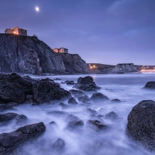 Houses, sea, rocks, Cliffs