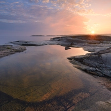 trees, Russia, Sunrise, rocks, Lake Ladoga