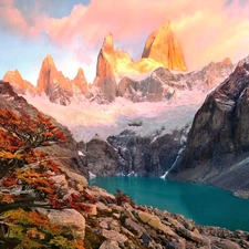 rocks, Mountains, lake