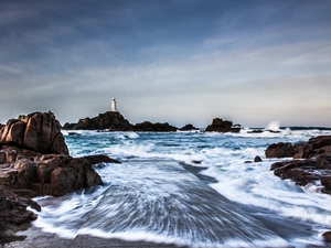 Lighthouse, sea, rocks, maritime