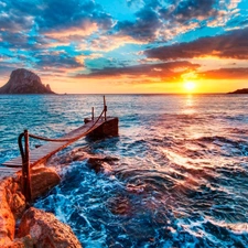 rocks, pier, west, sun, sea