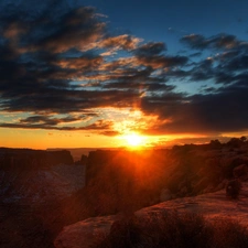 west, rays, rocks, sun