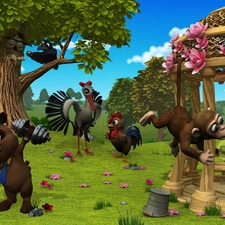 Rabbit, Farmerama, Bird, rooster, game, Monkey, trees