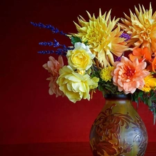 bouquet, dahlias, roses, Flowers