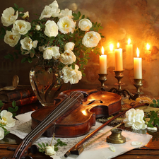 roses, Flowers, bouquet, Vase, Watch, composition, Candles, Books, violin