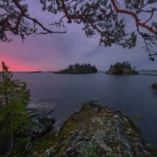 clouds, trees, Islet, branch, Lake Ladoga, rocks, Russia