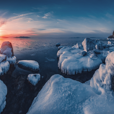 Sunrise, rocks, Seaside, dawn, Japanese Sea, winter, Russia