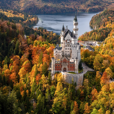 Schwangau, Neuschwanstein Castle, Lake Alpsee, autumn, viewes, Bavaria, Germany, trees