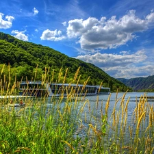 scrub, summer, River, Cruise Ship, Mountains