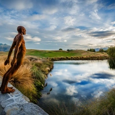 sculpture, Human, lake, grass, Mountains