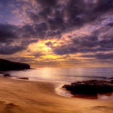 sea, Beaches, west, sun, clouds