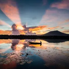 sea, Boat, sun, clouds, rays