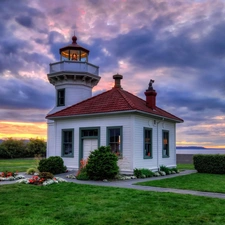 sea, clouds, maritime, Flowers, Lighthouse