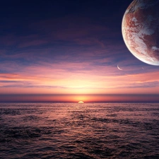 sea, horizon, west, sun, Planet