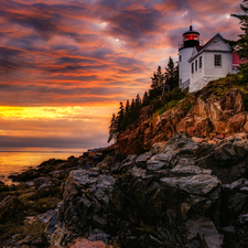 Acadia National Park, bass harbor, Great Sunsets, Lighthouses, rocks, State of Maine, The United States, sea