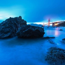 sea, rocks, golden, Gate, bridge