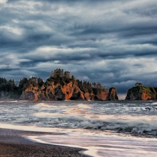 sea, clouds, rocks