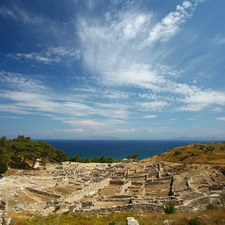 trees, remains, sea, Sky, viewes, ruin