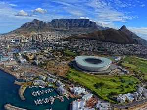 Town, Stadium, sea, Mountains