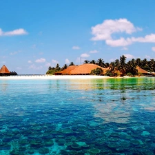 sea, Tropical, Houses, Palms, Island