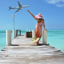 sea, Tropical, pier, plane, Women