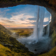 Seljalandsfoss River, clouds, Seljalandsfoss Waterfall, cave, iceland