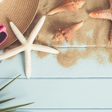 starfish, Glasses, composition, Shells, Hat, Sand, holiday