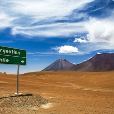 Desert, clouds, Sign, Mountains