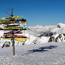 signposts, snow, Tirol, Mountains, Austria