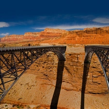 Two cars, canyon, Sky, Bridges