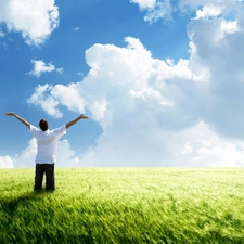 Sky, clouds, cereals, a man, Field