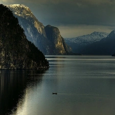 Mountains, cloudy, Sky, lake