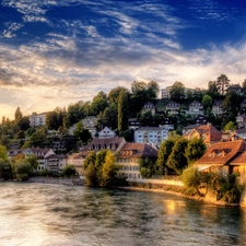 River, Town, Sky, buildings