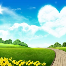 Sky, Heart teddybear, Green, Meadow, Spring